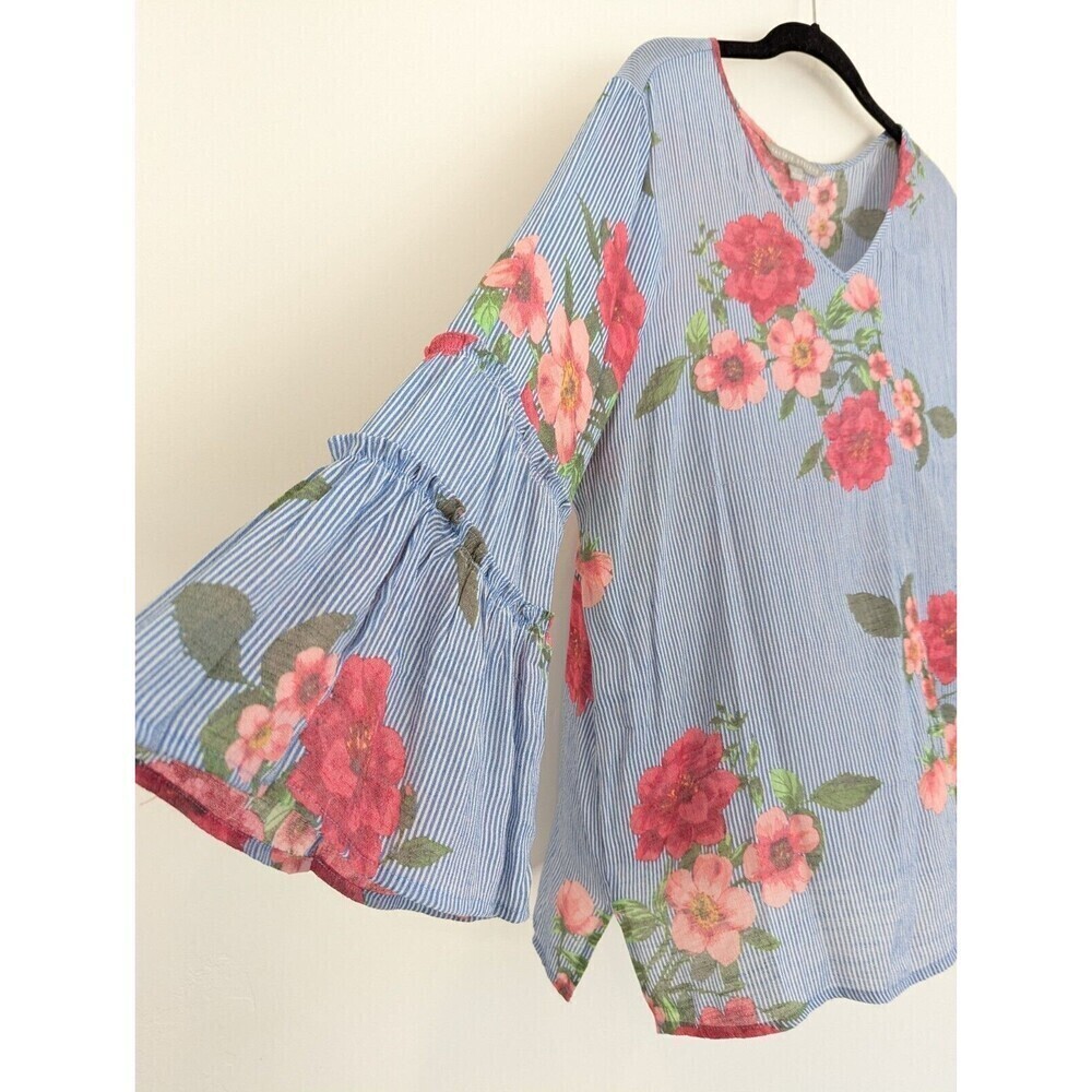 Valerie Stevens Blouse Womens Size L Blue Floral Striped Flowy Boho Hippie Top - Picture 3 of 9